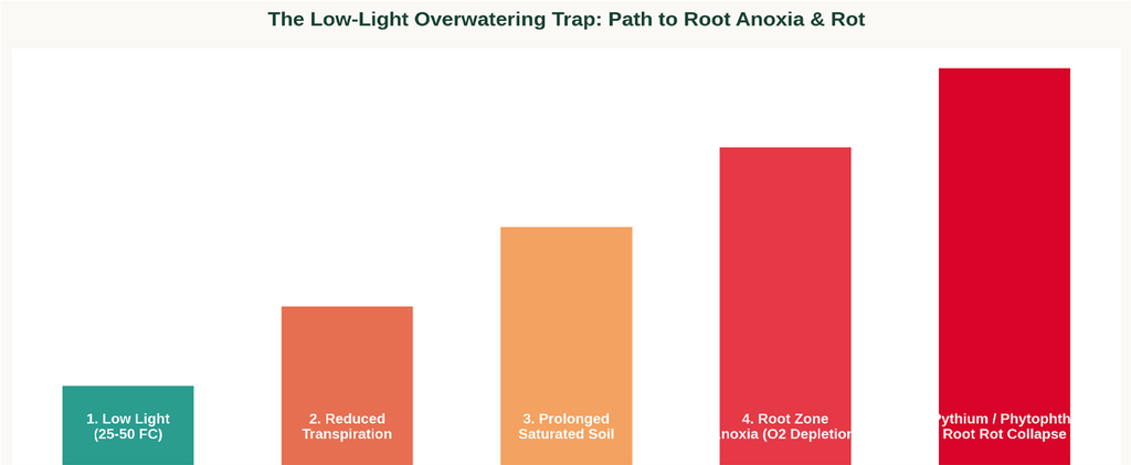 The Low-Light Overwatering Trap and Progression to Root Anoxia.